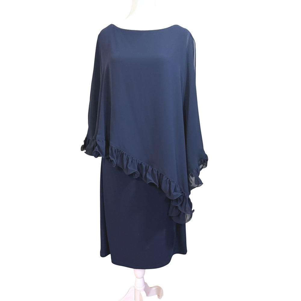 Joseph Ribkoff Cocktail Dress Womens 14 Navy Blue Asymmetrical Ruffle 171246